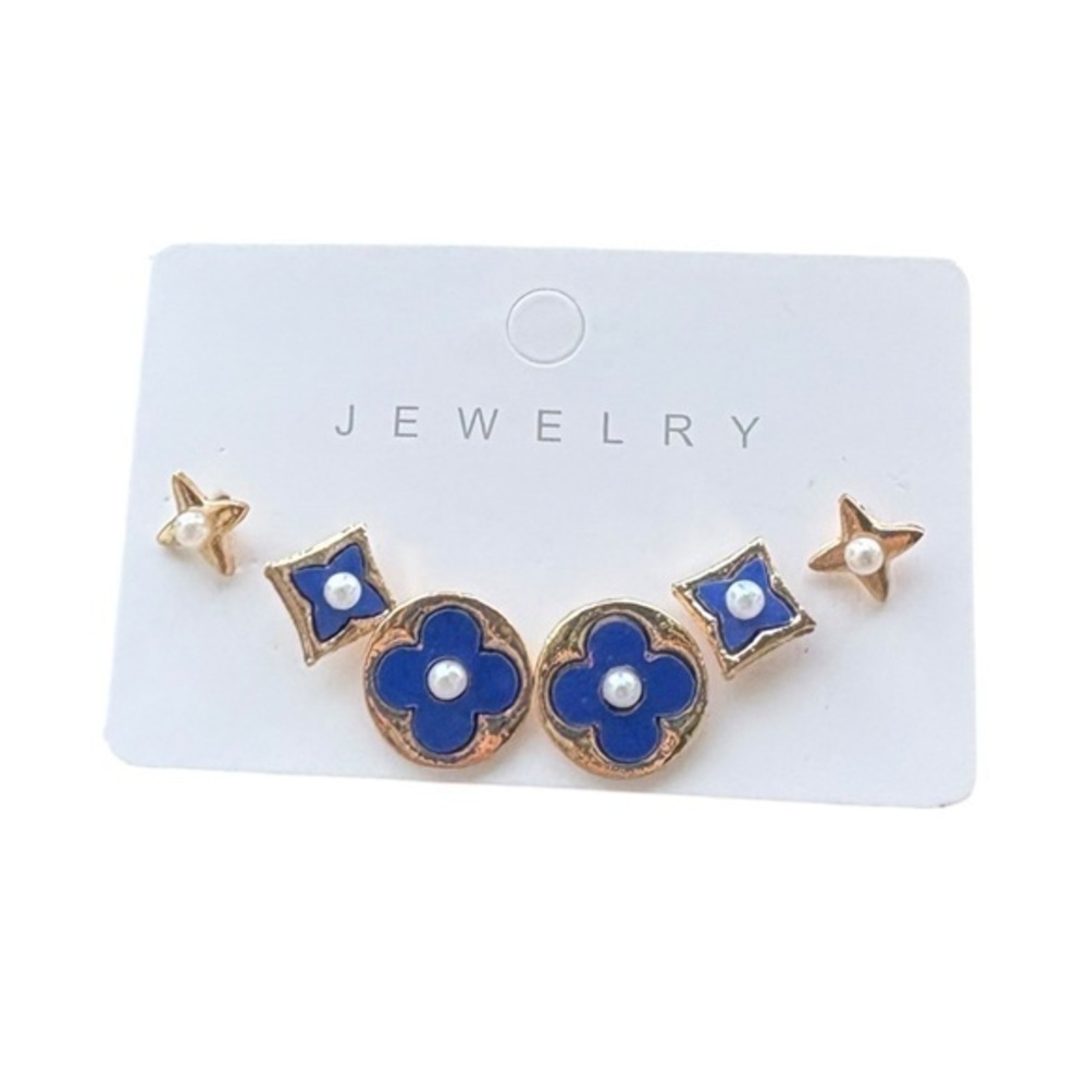 5/$25 Set of 3 Pair Blue & Gold Stud Earrings